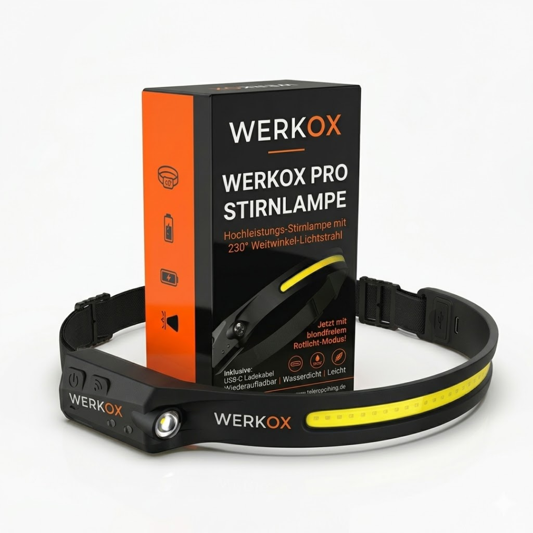 WERKOX Pro Stirnlampe™ — 1000 Lumen Helmlampe für Heimwerker & KFZ-Mechaniker